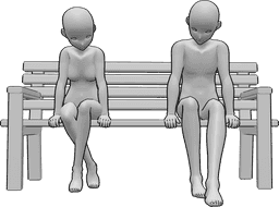 Posen-Referenz- Trauriges Paar in sitzender Pose - Traurige Anime Frau und Mann sitzen auf einer Bank und schauen nach unten