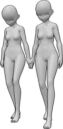 Referencia de poses- Postura triste de mujer caminando - Dos tristes mujeres de anime caminan cogidas de la mano y mirando hacia abajo.