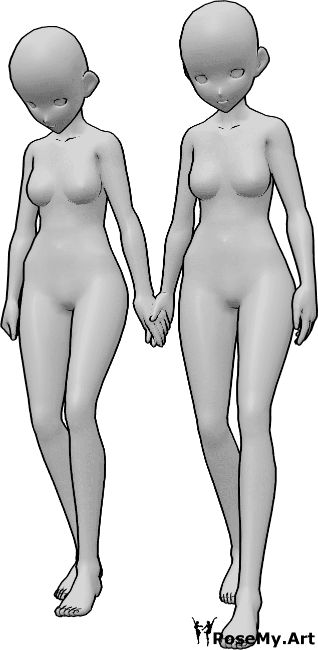 Référence des poses- Femelles, pose de marche triste - Deux femmes animées tristes marchent en se tenant par la main et en regardant vers le bas.