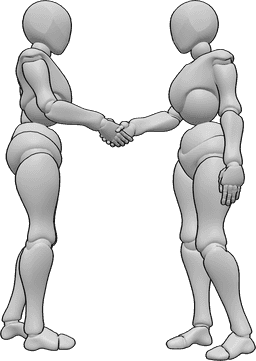 Referência de poses- Pose de aperto de mão feminino - Duas mulheres apertam as mãos, olhando nos olhos uma da outra