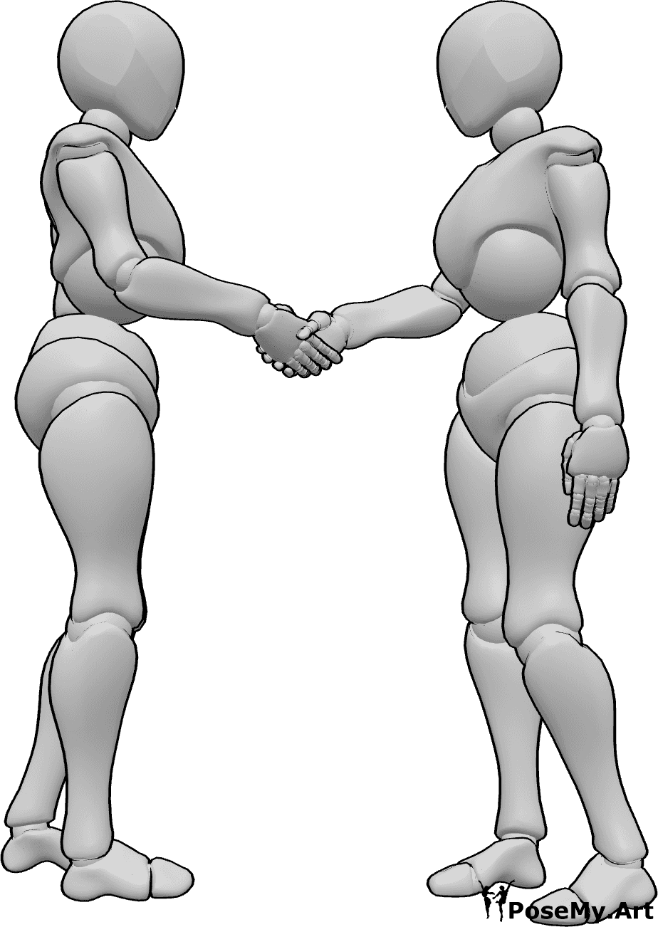 Referência de poses- Pose de aperto de mão feminino - Duas mulheres apertam as mãos, olhando nos olhos uma da outra