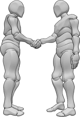 Referência de poses- Pose de aperto de mão masculino - Dois homens estão a apertar as mãos, olhando nos olhos um do outro