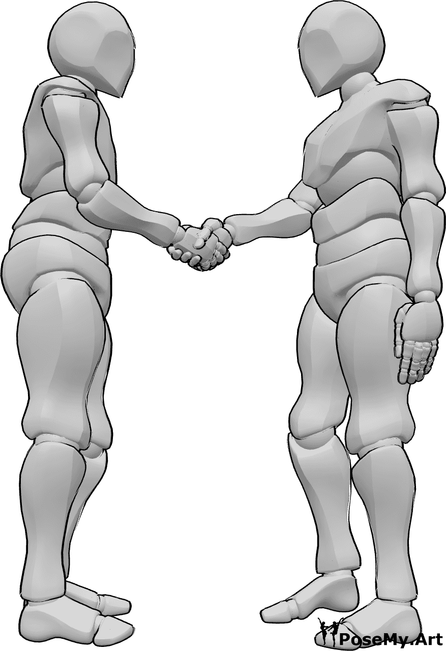 Referência de poses- Pose de aperto de mão masculino - Dois homens estão a apertar as mãos, olhando nos olhos um do outro