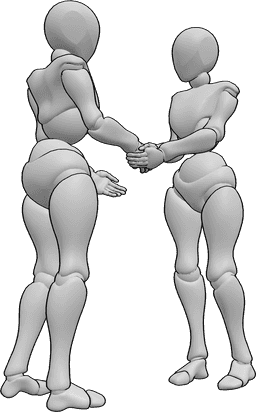 Posen-Referenz- Weiblich freundlicher Händedruck Pose - Die Frauen schütteln sich die Hände, die eine hält die Hand der anderen mit beiden Händen.