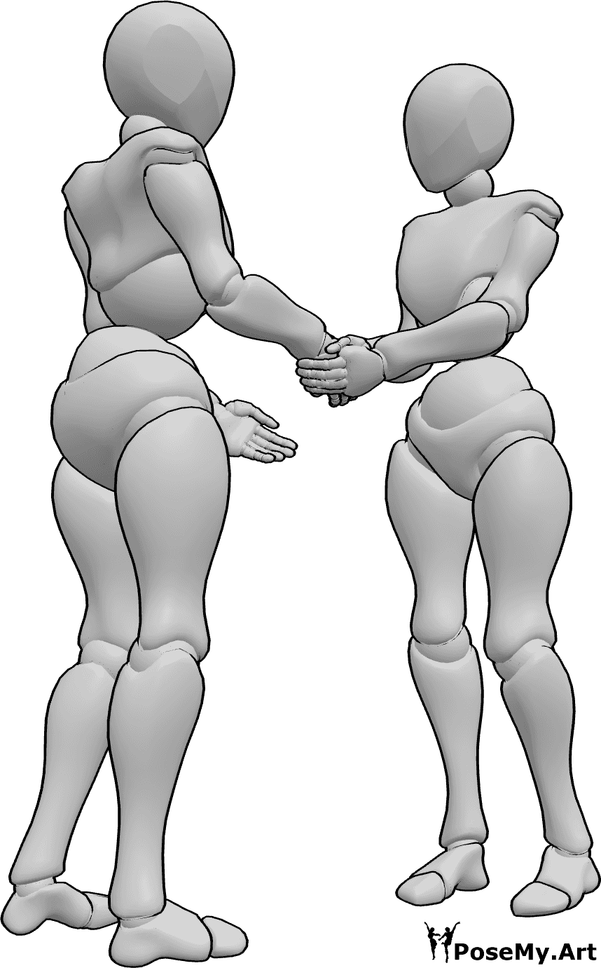 Référence des poses- Femme poignée de main gentille pose - Des femmes se serrent la main, l'une d'elles tient la main de l'autre à deux mains.