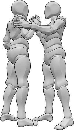 Referência de poses- Pose de aperto de mão amigável masculino - Dois homens estão a apertar as mãos e a abraçarem-se