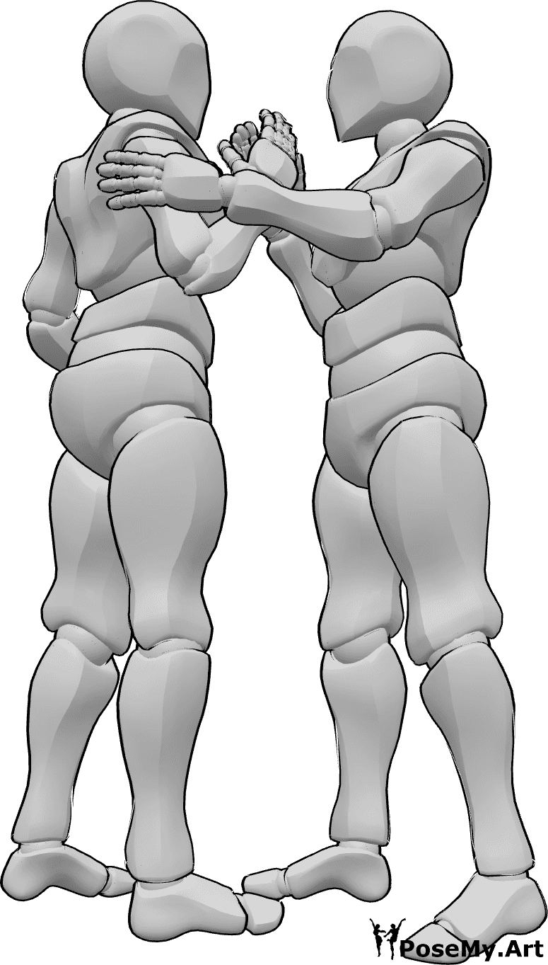 Posen-Referenz- Männlicher freundlicher Händedruck in Pose - Zwei männliche Personen schütteln sich die Hände und umarmen sich