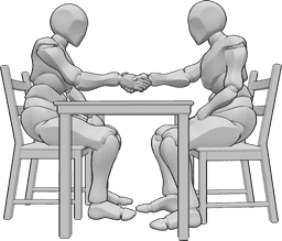 Posen-Referenz- Männliche sitzende Handschlag-Pose - Zwei männliche Personen sitzen sich an einem Tisch gegenüber und schütteln sich die Hände.
