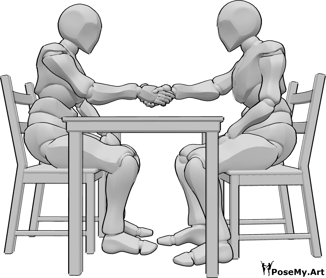 Posen-Referenz- Männliche sitzende Handschlag-Pose - Zwei männliche Personen sitzen sich an einem Tisch gegenüber und schütteln sich die Hände.