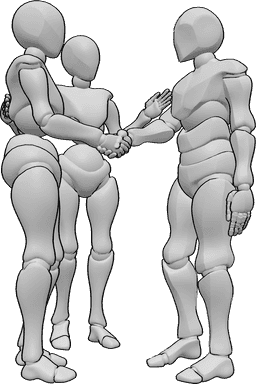 Pose Reference- Introducing handshake pose - Female is introducing the female and male to each other, who are shaking hands
