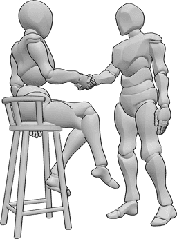 Pose Reference- Female sitting handshake pose - Female and male are shaking hands, the female is sitting on a barstool