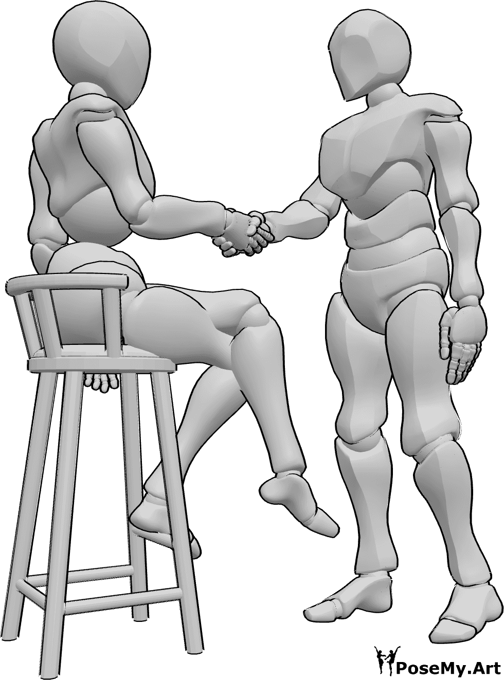 Posen-Referenz- Weibliche sitzende Handshake-Pose - Frau und Mann schütteln sich die Hände, die Frau sitzt auf einem Barhocker