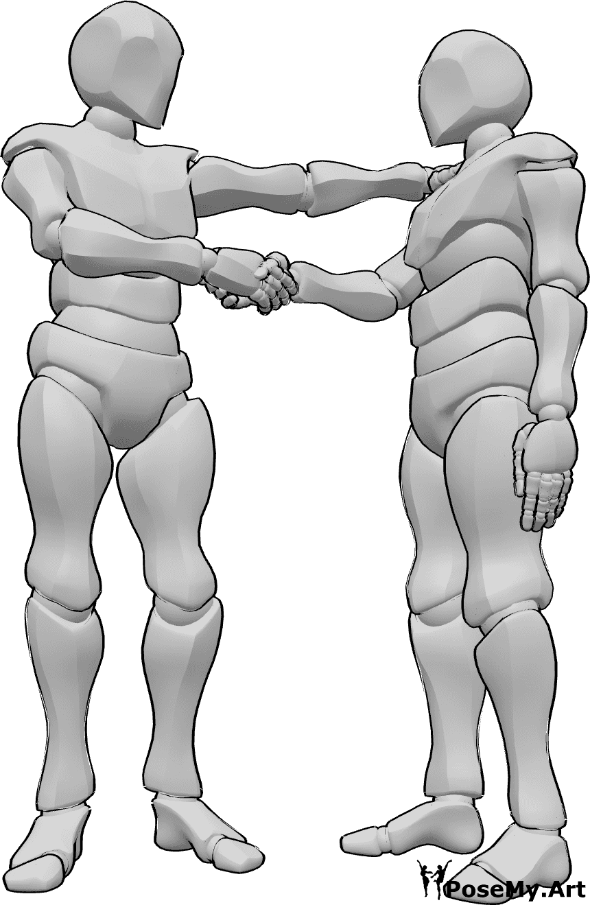 Référence des poses- Pose de la poignée de main de félicitations - L'homme félicite l'autre homme, lui serre la main et lui met l'autre main sur l'épaule.