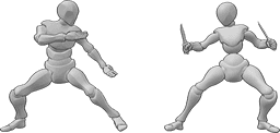 Référence des poses- Pose de combat au couteau - Une femme et un homme sont sur le point de se battre, la femme tient des couteaux.