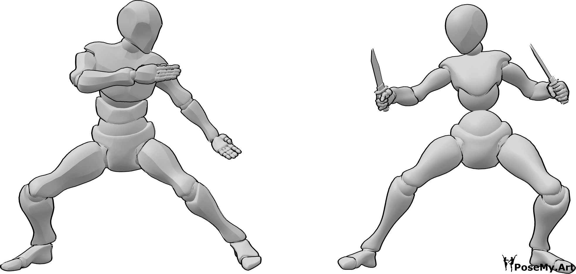 Référence des poses- Pose de combat au couteau - Une femme et un homme sont sur le point de se battre, la femme tient des couteaux.
