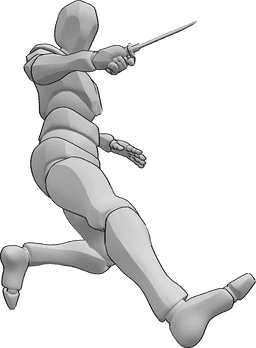 Referencia de poses- Cuchillo masculino saltando pose - Hombre saltando, sosteniendo un cuchillo en su mano derecha y mirando a la derecha