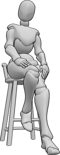 Posen-Referenz- Barhocker niedlich sitzende Pose - Frau sitzt auf einem Barhocker und posiert niedlich, Hände auf den Oberschenkeln und schaut nach vorne