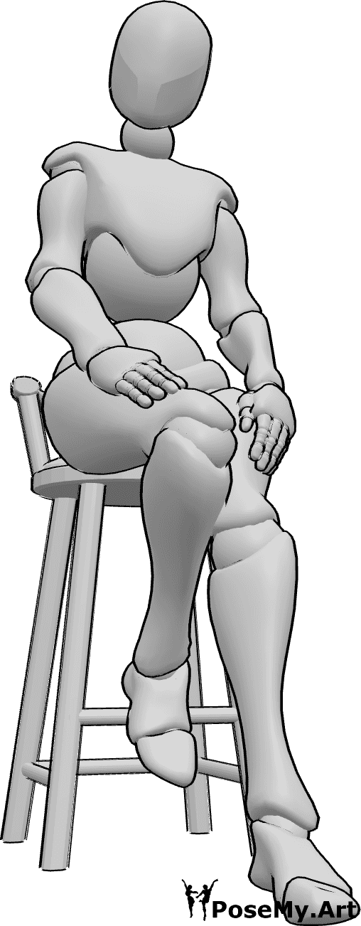 Posen-Referenz- Barhocker niedlich sitzende Pose - Frau sitzt auf einem Barhocker und posiert niedlich, Hände auf den Oberschenkeln und schaut nach vorne