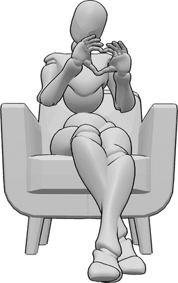 Posen-Referenz- Herz süße sitzende Pose - Die Frau sitzt im Sessel und formt mit ihren Händen ein Herz