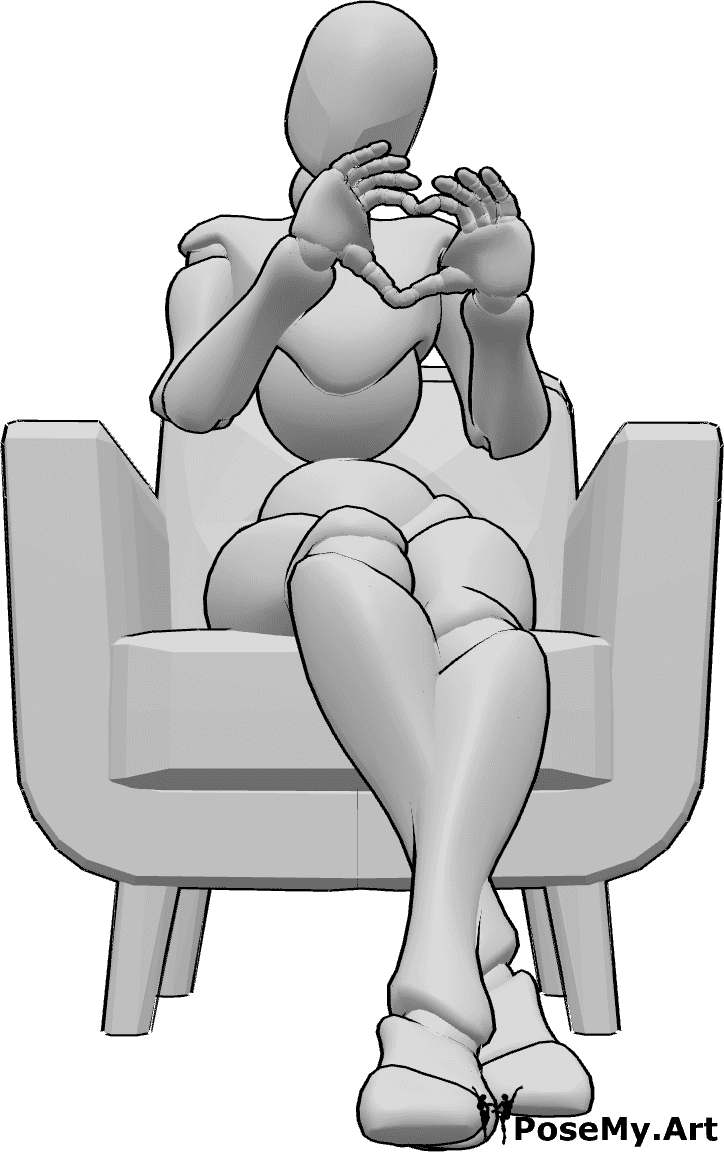 Posen-Referenz- Herz süße sitzende Pose - Die Frau sitzt im Sessel und formt mit ihren Händen ein Herz