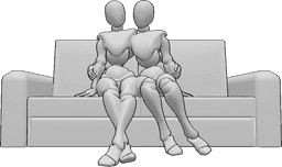 Referencia de poses- Bonita postura sentada abrazándose - Las hembras están sentadas en el sofá y se abrazan tiernamente