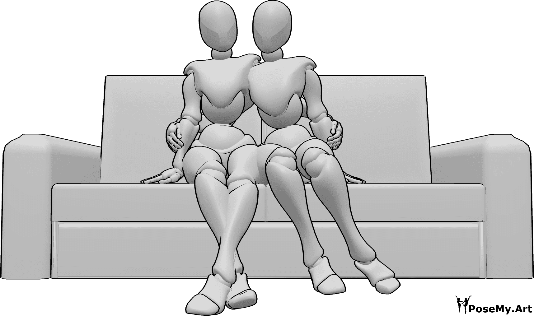 Posen-Referenz- Niedliche sitzende Pose zum Umarmen - Die Frauen sitzen auf der Couch und umarmen sich liebevoll