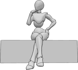Referência de poses- Pose de mulher sentada gira - A mulher está sentada e a fazer uma pose gira, com as pernas cruzadas e a mão esquerda na anca