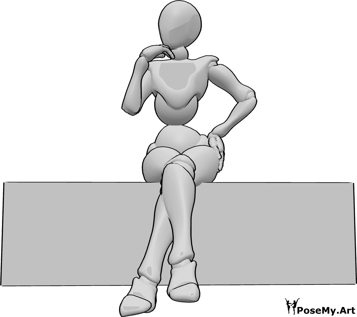 Referência de poses- Pose de mulher sentada gira - A mulher está sentada e a fazer uma pose gira, com as pernas cruzadas e a mão esquerda na anca