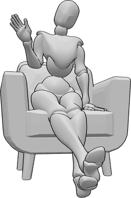 Référence des poses- Mignonne pose assise avec signe de la main - La femme est assise dans le fauteuil, les jambes croisées et fait un signe de la main droite.