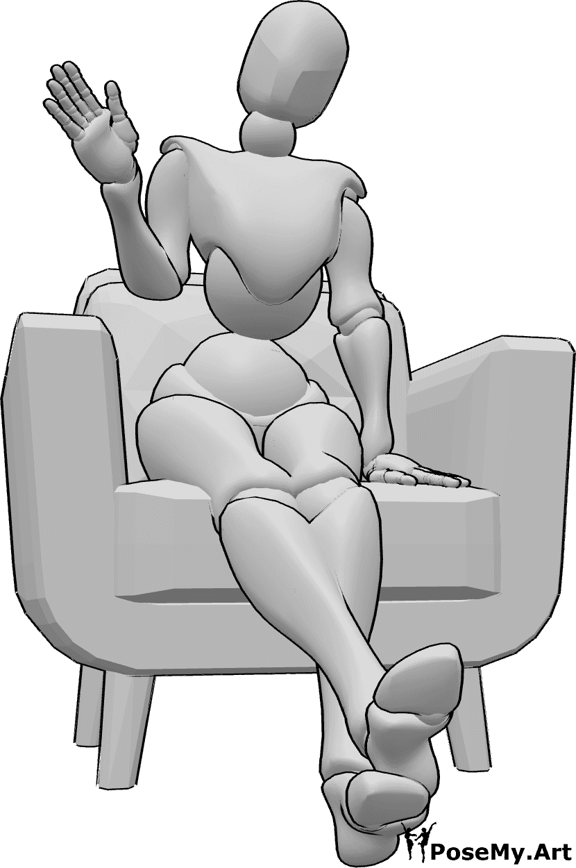 Référence des poses- Mignonne pose assise avec signe de la main - La femme est assise dans le fauteuil, les jambes croisées et fait un signe de la main droite.