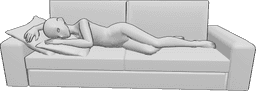 Referência de poses- Pose de dormir num sofá de anime - O homem anime está deitado no lado direito do sofá com almofadas e a dormir
