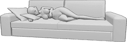 Référence des poses- Anime femme pose allongée - La femme anonyme est allongée sur le côté droit du canapé avec des oreillers et des draps de lit.