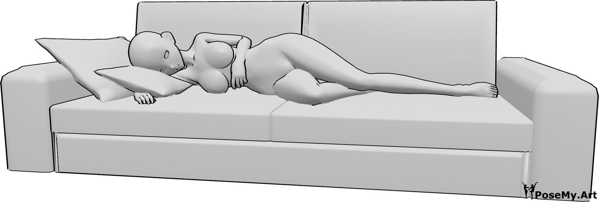 Posen-Referenz- Anime weibliche liegende Pose - Anime Frau liegt auf der rechten Seite auf der Couch mit Kissen und schlafen