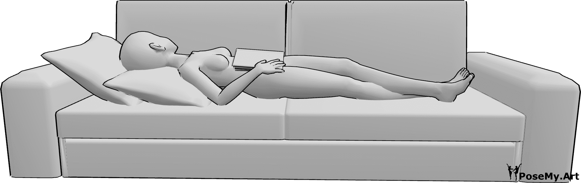 Référence des poses- Anime reading sleeping pose - Une femme animée est allongée sur le dos sur le canapé et tient un livre pendant qu'elle dort.