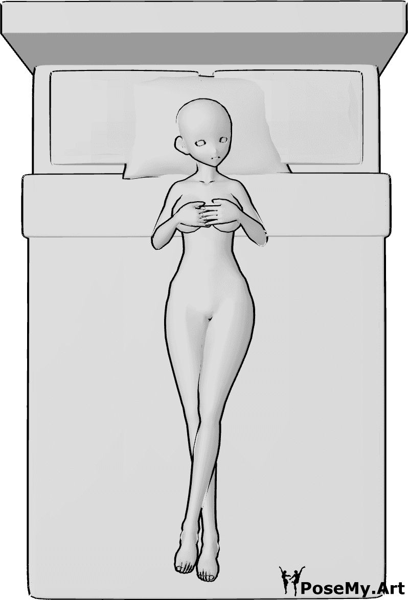 Referência de poses- Anime pose de pernas cruzadas a dormir - A mulher anime está deitada de costas, com as pernas cruzadas, deitada na cama e a dormir