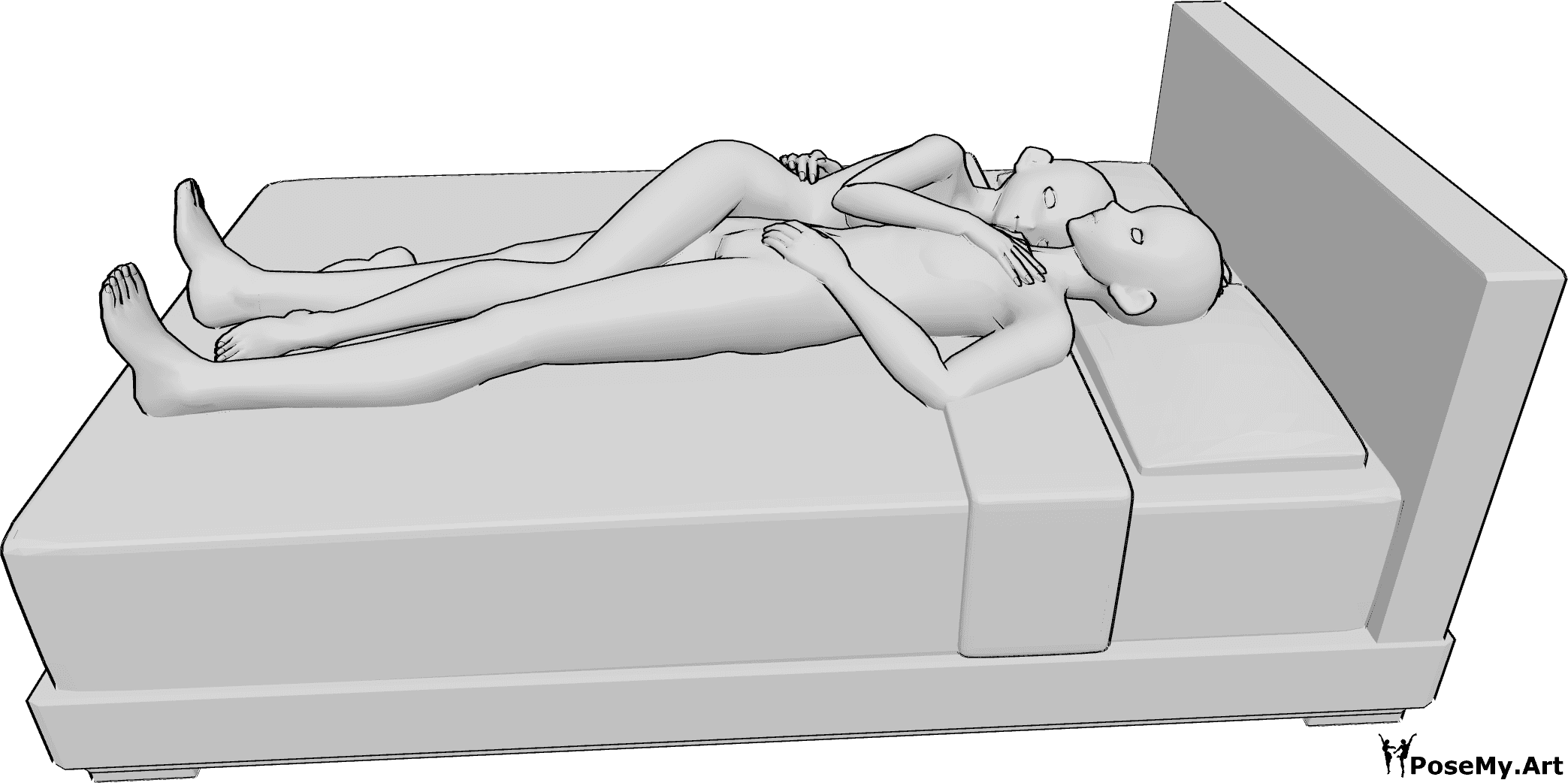 Référence des poses- Anime, pose de sommeil et d'étreinte - Un couple de femmes et d'hommes d'animation dort ensemble et s'enlace.