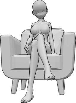Référence des poses- Anime - pose jambes croisées - La femme animée est assise dans le fauteuil, les jambes croisées et le regard tourné vers l'avant.
