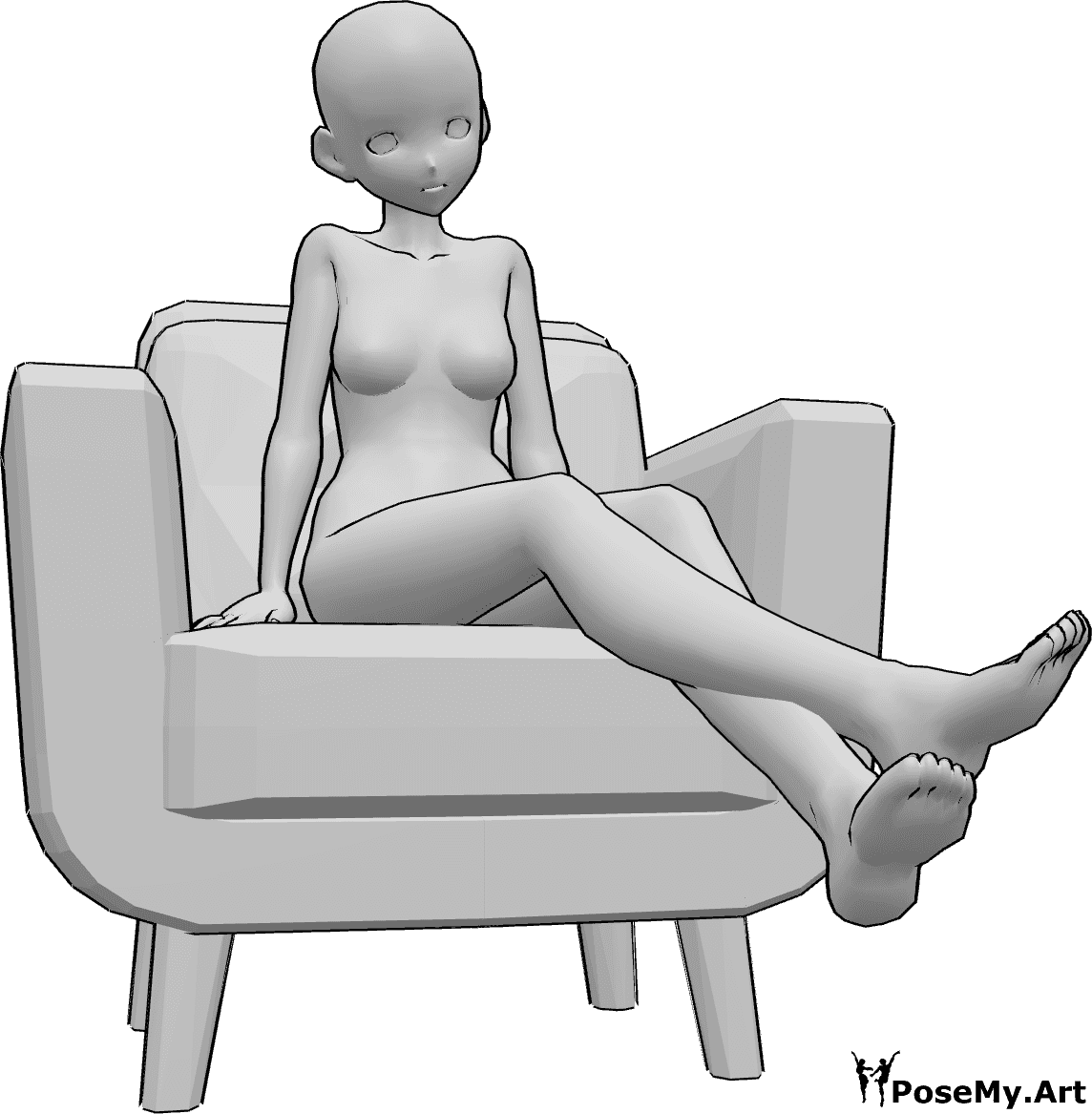 Riferimento alle pose- Posa antropomorfa con gambe sollevate - La donna Anime è seduta sulla poltrona e alza le gambe.
