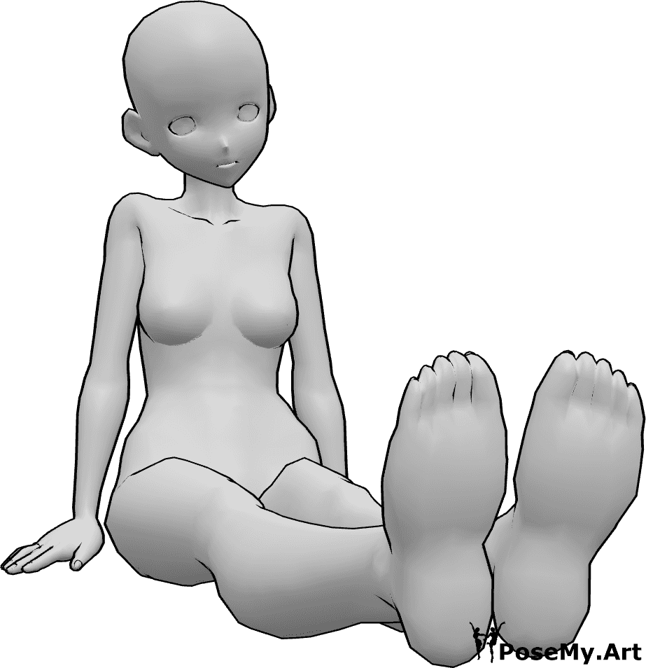 Référence des poses- Anime montrant la pose des pieds - Une femme d'animation est assise, les jambes tendues, montrant ses pieds.