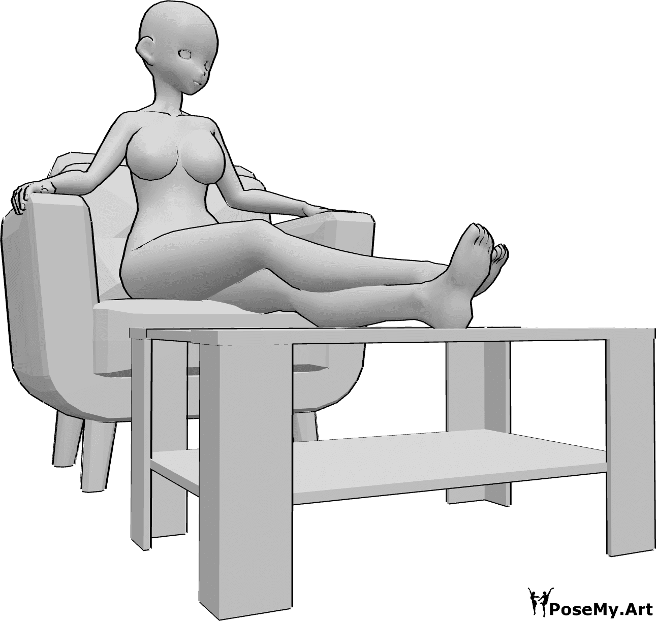 Référence des poses- Pose de l'anime avec les jambes au repos - Une femme animée est assise dans un fauteuil et repose ses jambes sur une petite table.