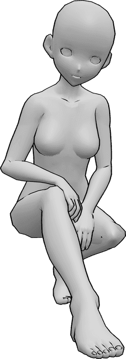 Referencia de poses- Postura anime del pie derecho - Mujer anime está en cuclillas y mostrando su pie derecho, anime pies pose