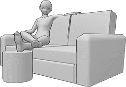Referência de poses- Pose de pés masculinos de anime - Homem anime está sentado no sofá e descansa as pernas, pose de pés de homem anime