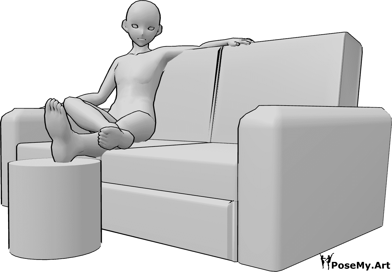 Referencia de poses- Anime masculino pies pose - Anime masculino está sentado en el sofá y descansando las piernas, anime masculino pies pose