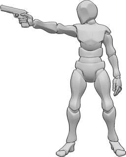 Referência de poses- Homem a apontar pose de pistola - Homem de pé, segurando uma pistola na mão direita e apontando para a direita