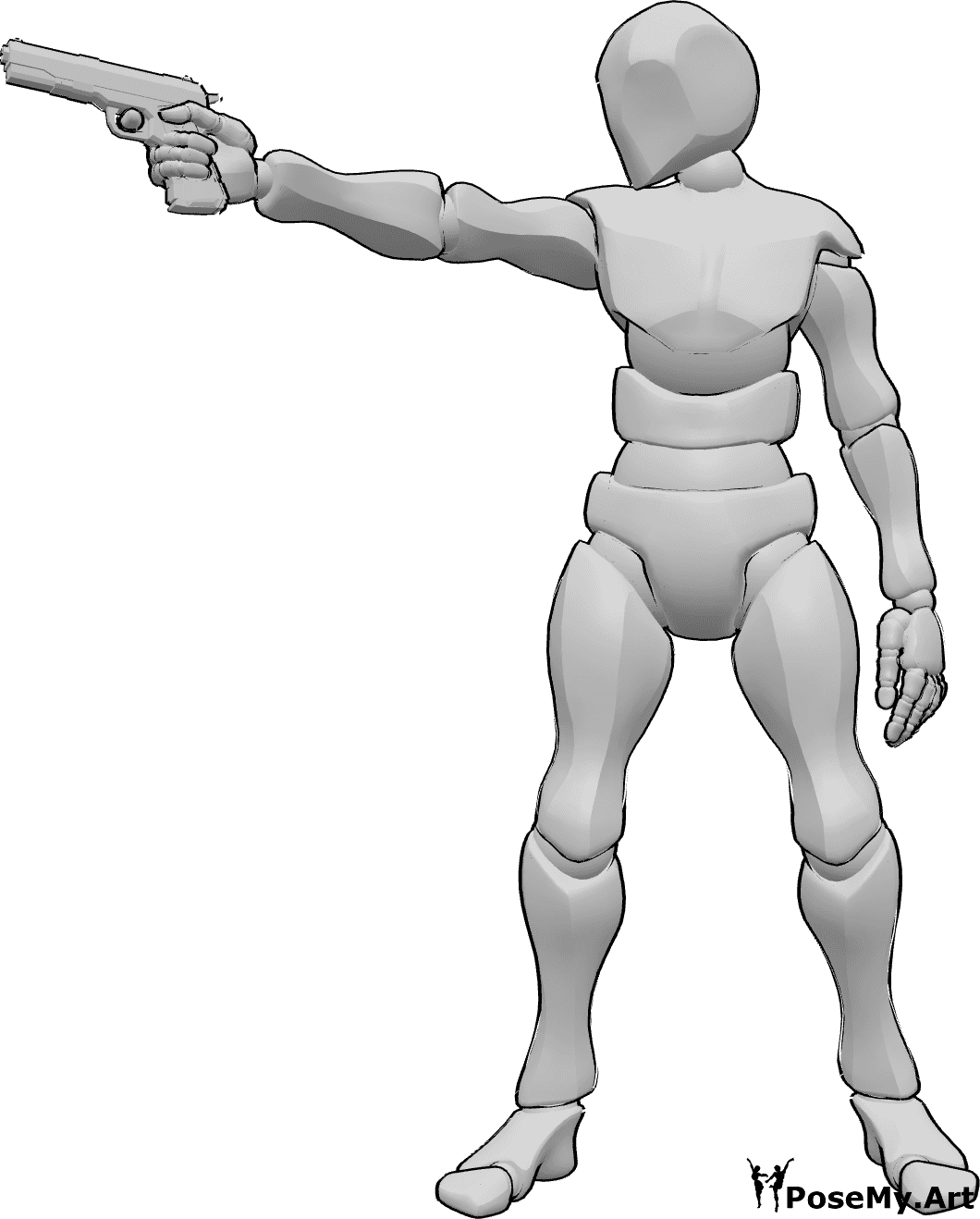 Pose Reference- Male aiming pistol pose - Male is standing, holding a pistol in his right hand and aiming to the right