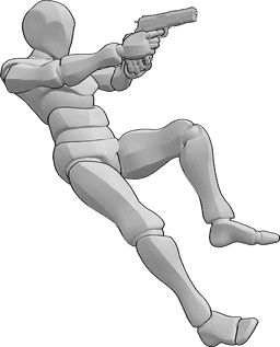 Pose Reference- Male pistol action pose - Male is falling backwards while aiming the pistol, holding it with both hands