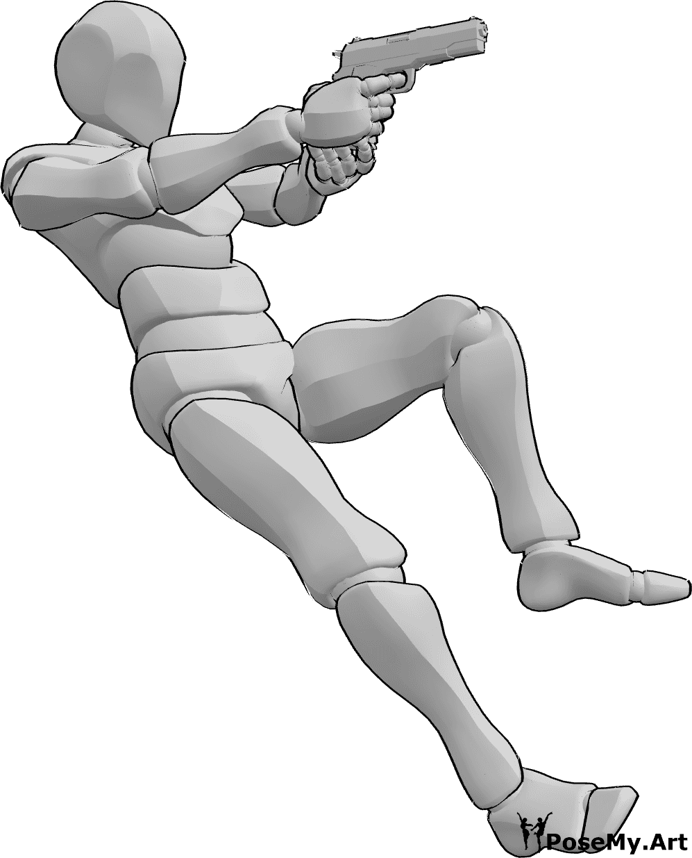 Referência de poses- Pose masculina de ação com pistola - O homem está a cair para trás enquanto aponta a pistola, segurando-a com as duas mãos
