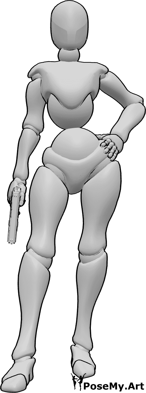 Pose Reference- Female pistol standing pose - Female is standing, her left hand is on her hip and holding a pistol in her right hand