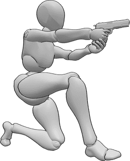 Referencia de poses- Mujer arrodillada apuntando pose - Mujer arrodillada, sujetando una pistola con ambas manos y apuntando