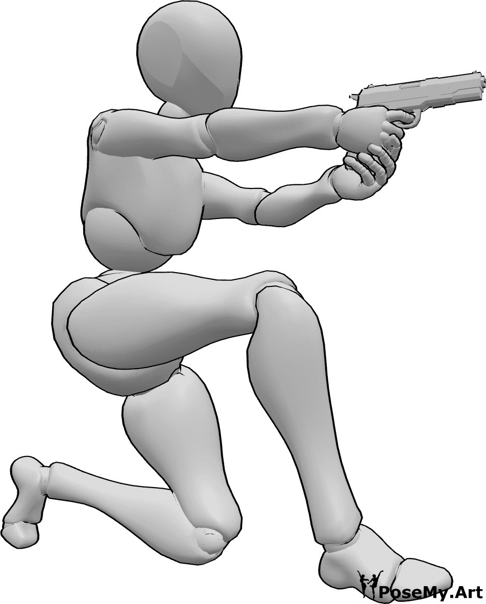Referência de poses- Mulher ajoelhada em pose de pontaria - Mulher ajoelhada, segurando uma pistola com as duas mãos e apontando
